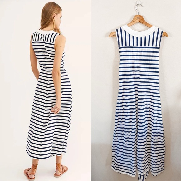 FP Beach ~Navy + White Striped Cotton Capri Sleeveless Midi Dress in size Large - Picture 2 of 14